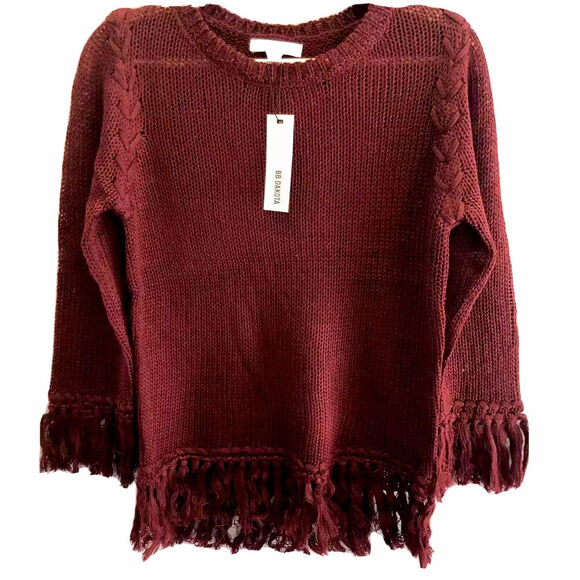 nwt BB Dakota Young Wild & Free Sweater Braid Fringe Hem Burgundy Red size XS - Picture 6 of 6
